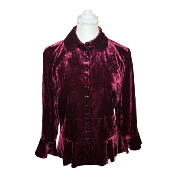 Lauren Ralph Lauren Burgundy Silk Velvet Blouse Sz 10 Button Front Holiday Party - Picture 2 of 11